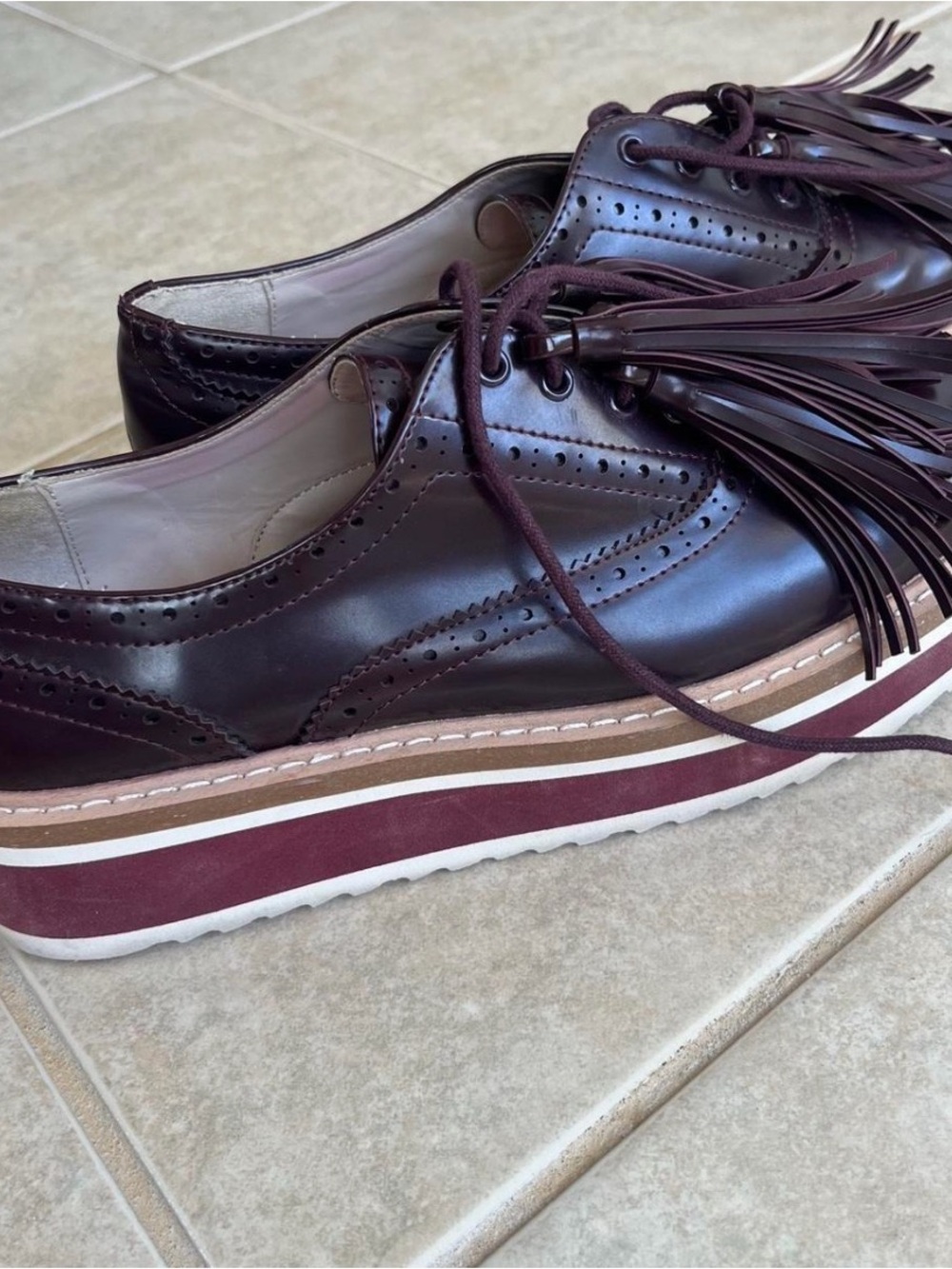 Women’s Fringe Platform Oxford — Burgundy Leather by Zara